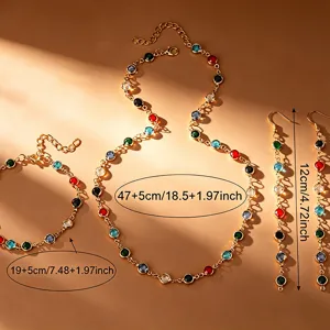 Detailed dimensions of colorful crystal necklace bracelet and earrings jewelry set