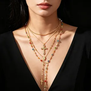 Western Fashion Women Multi Layered Y Necklace Gold Silver Alloy Rhinestone Cross Sun Coin Pendant Tassel Necklace
