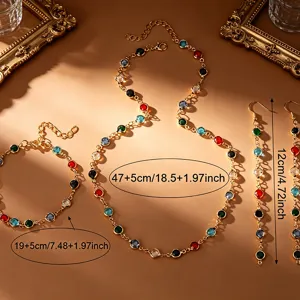 Bohemian multi-colored gemstone jewelry set including gold necklace bracelet and earrings