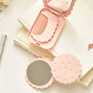 Set portatile specchio da trucco e pettine a forma di biscotto rosa carino