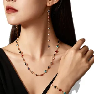 Bohemian colorful rhinestone necklace bracelet earring set for women gold jewelry