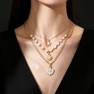 Collana a Strati Stile Oceano da Donna Oro Argento Lega Perla Artificiale Stella Marina Conchiglia Pendente Girocollo Gioielli