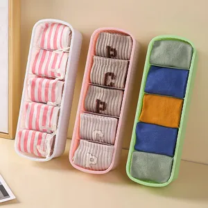 Set of three colorful 5-compartment plastic socks and underwear drawer organizer boxes