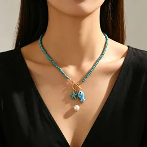 Bohemian Ocean Theme Pendant Necklace Bracelet Alloy Ceramic Fish Starfish Artificial Pearl Jewelry For Women Toggle Clasp