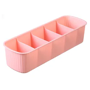Pink 5-grid plastic drawer organizer for socks and underwear storage with ribbed design