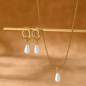 Fashionable Alloy Artificial Pearl Jewelry Set Snake Bone Chain Necklace Water Drop Pearl Earrings For Women Accessories