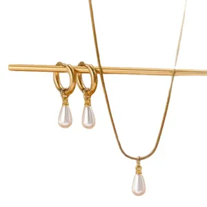Elegant gold pearl necklace and earring set with teardrop pendants for women jewelry