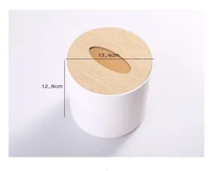 Minimalist white cylindrical tissue box with wood lid, size 13.4cm diameter, 12.8cm height