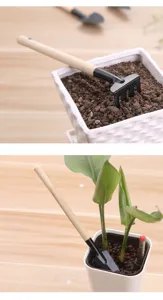 Close-up of miniature garden rake and shovel tools being used in a white potted plant