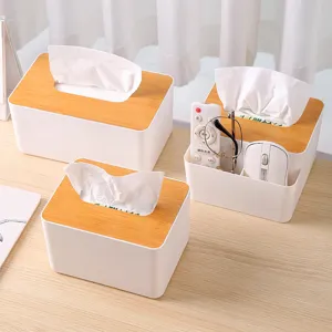 Minimalist Desktop Tissue Organizer Multi-functional Container With Bamboo Lid Plastic Remote Control Holder Living Room Bathroom Sundries Case