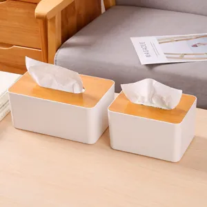Minimalist white desktop tissue box with natural bamboo lid for home living room decor