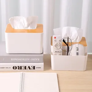 Desktop tissue box with bamboo lid and remote control organizer compartment