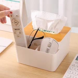 Multi-functional desktop tissue box and organizer with wooden lid for home office