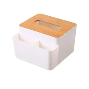 Multifunctional white tissue box with bamboo lid and remote control holder organizer