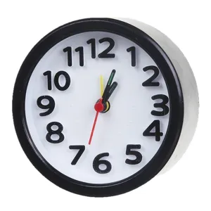 Round minimalist bedside alarm clock with a black frame and colorful hands for students