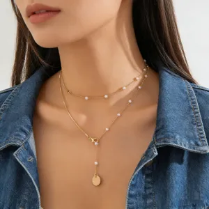 Collar de Cadena de Serpiente de Aleación Minimalista Perla Artificial de Doble Capa Collar Largo con Colgante para Mujer Regalo de Joyería de Moda