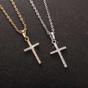 Hip Hop Cross Pendant Necklace Alloy Rhinestone Minimalist Punk Jewelry For Men Women Gold Silver Plated Chain Necklace