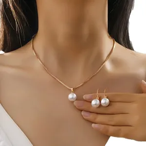 Elegant gold-tone pearl necklace and earring jewelry set, sophisticated fashion accessory