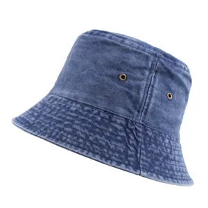 Side view of a washed blue denim bucket hat for sun protection and outdoor style