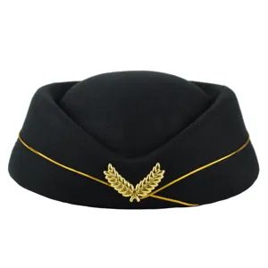 Chapeau d'hôtesse de l'air noir haut de gamme avec emblème de laurier doré brodé