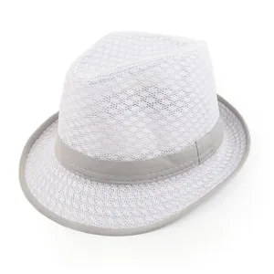Klassischer weißer Netz-Fedora-Hut mit grauem Band, atmungsaktiver Sommer-Jazz-Stil