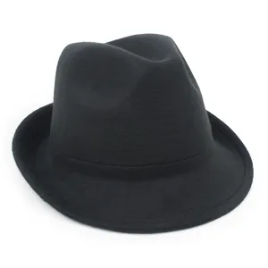 Detailed side view of a classic black wool felt fedora hat for men