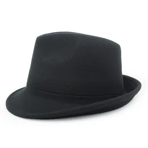 Detailed side view of a classic black wool felt fedora hat for men's winter fashion