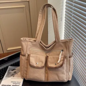Women's Corduroy Tote Bag Large Capacity Casual Shoulder Bag Color Block Multi-Pocket Commuter Handbag