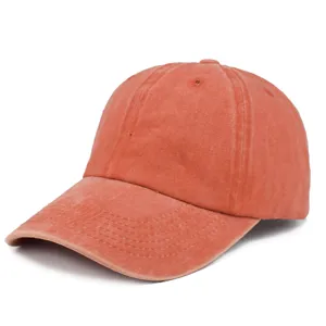Vintage-Basecap aus gewaschenem Denim in Korallenorange mit Ziernähten und Seitenprofil