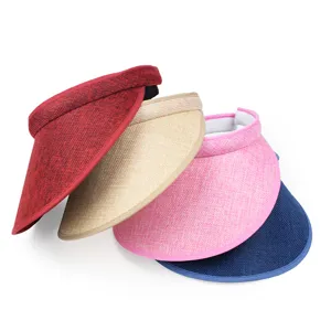 Colorful cotton linen sun visors in red, khaki, pink, and blue for summer beach protection.