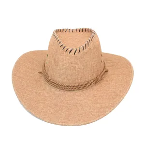 Classic wide-brimmed straw cowboy hat featuring a rope band and decorative stitching details