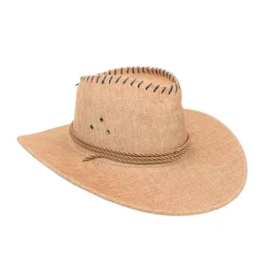 Side view detail of a men's khaki straw cowboy hat with twisted rope band and stitching.