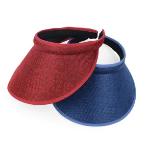 Red and blue summer sun visors with breathable linen texture for beach and outdoor activities