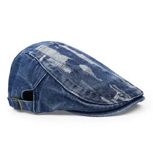 Vintage distressed blue denim ivy cap with frayed ripped details and side metal buckle