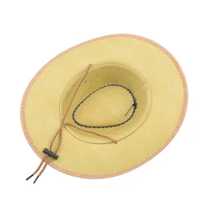 Detail view showing the interior brim and adjustable chin strap of this khaki cowboy hat