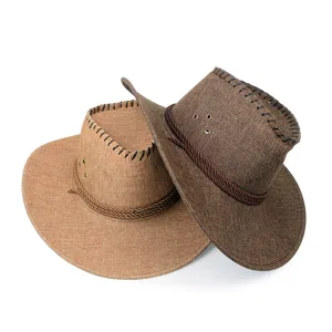 Macro view showing the textured fabric and braided rope detail of two cowboy hats