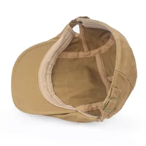 Detailed view of khaki cotton beret showing interior lining and adjustable metal buckle strap