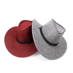 Close-up of red and grey western cowboy hats featuring woven fabric and black rope trim