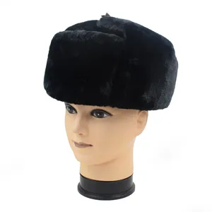 Detail view of premium black thickened faux fur winter trapper hat with ear protection