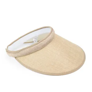 Close-up of a woven straw sun visor hat showing the breathable open-top design.