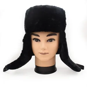 Classic black winter trapper hat with thick fur ear flaps for men in extreme cold