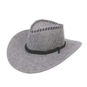 Detail view of gray heathered western cowboy hat featuring black rope band and metal eyelets