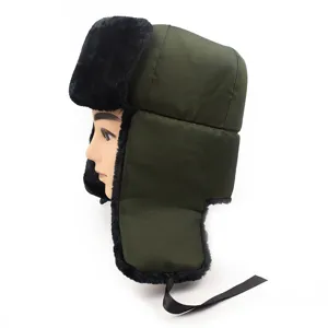 Detailed side view of a dark green winter Lei Feng hat featuring plush black faux fur lining