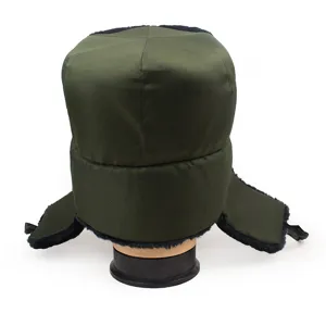 Back view of thick dark green Ushanka hat with warm fleece lining and ear flaps.