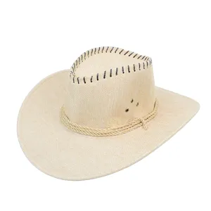 Beige woven cowboy hat with rope band and black stitched rim detail.