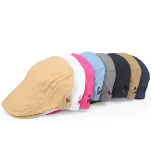 Selection of cotton flat caps and berets in diverse solid colors for unisex sun protection.