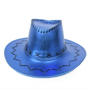 Shiny metallic blue Western cowboy hat featuring black decorative stitching detail