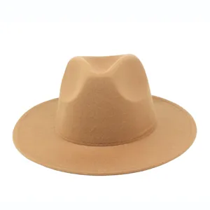Classic camel wool felt fedora hat with wide flat brim for men and women