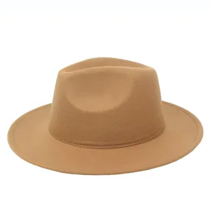 Detailed macro view showing the texture of a camel colored solid felt fedora jazz hat