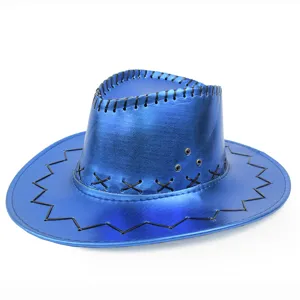 Close-up detail of a shiny blue metallic cowboy hat featuring decorative black stitching